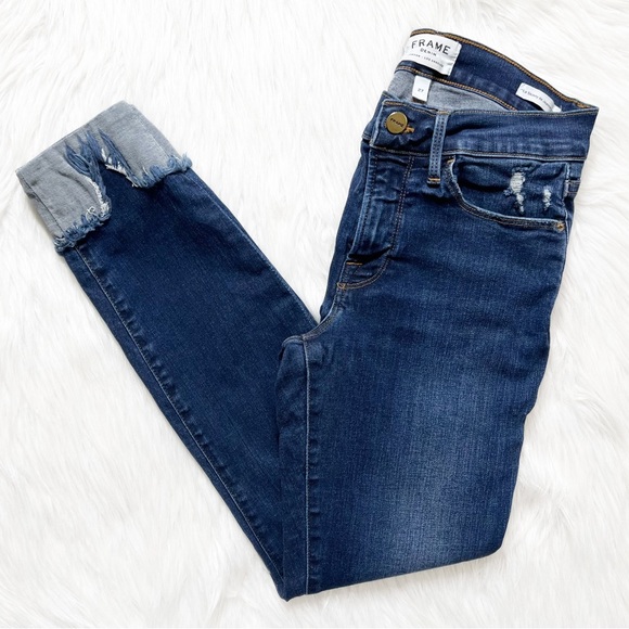 Frame Distressed Fringe Hem V Notch Cuffed Cropped Medium Wash Skinny Jeans - Picture 8 of 12